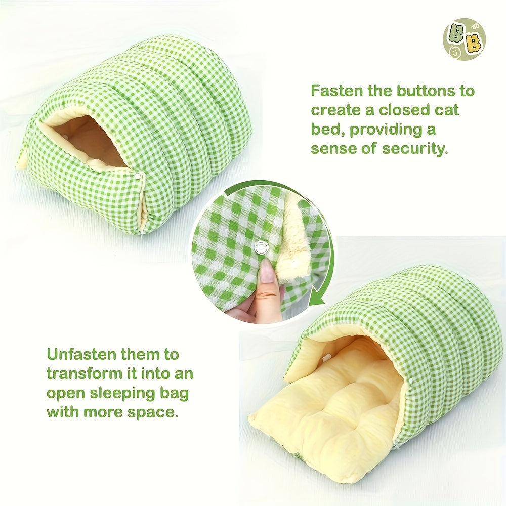 Green checkered wool cat cave with instructions on how to use it