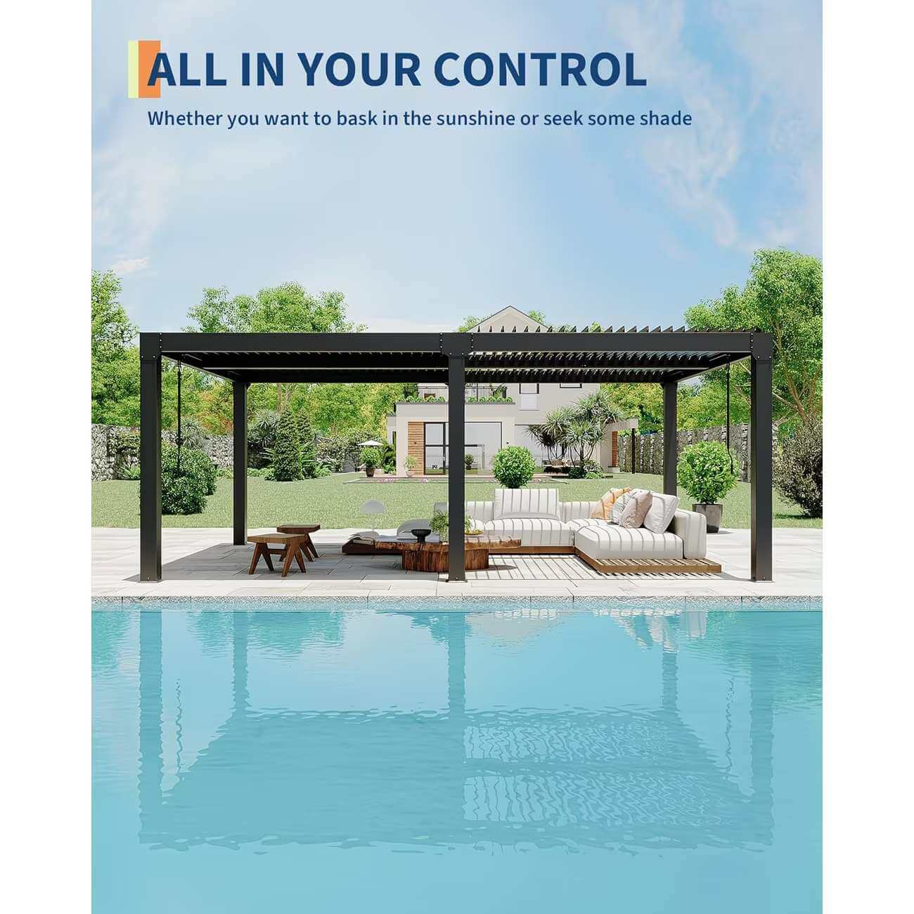 Pergola over a pool with outdoor furniture, set against a clear blue sky.