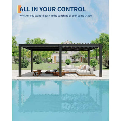 Pergola over a pool with outdoor furniture, set against a clear blue sky.