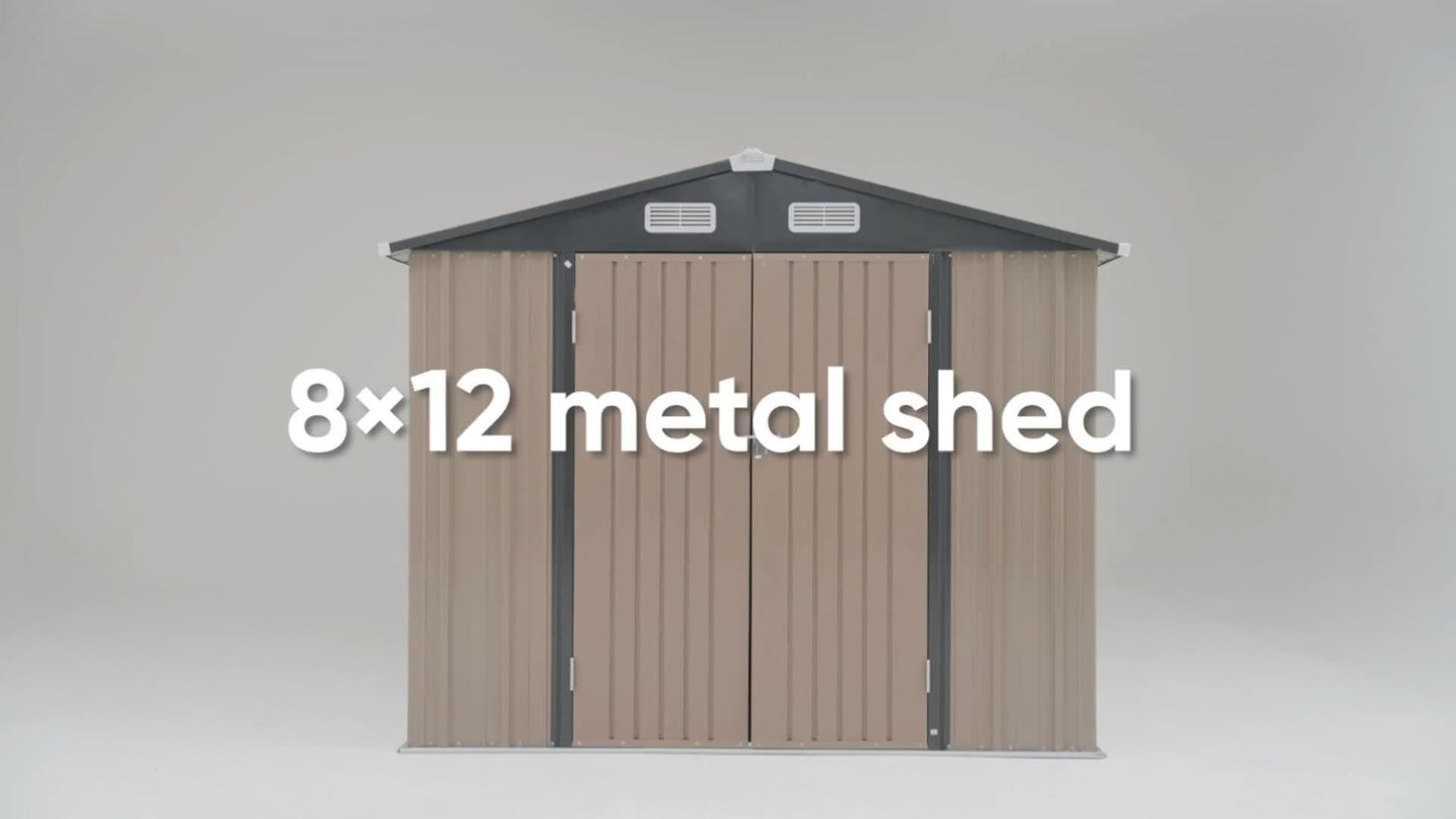 8x12 metal shed with wooden doors on a gray background