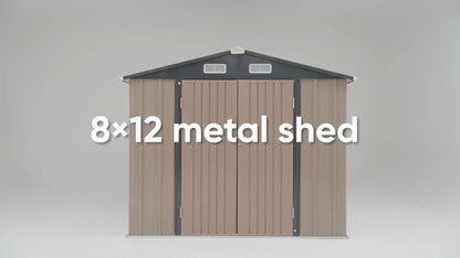 8x12 metal shed with wooden doors on a gray background