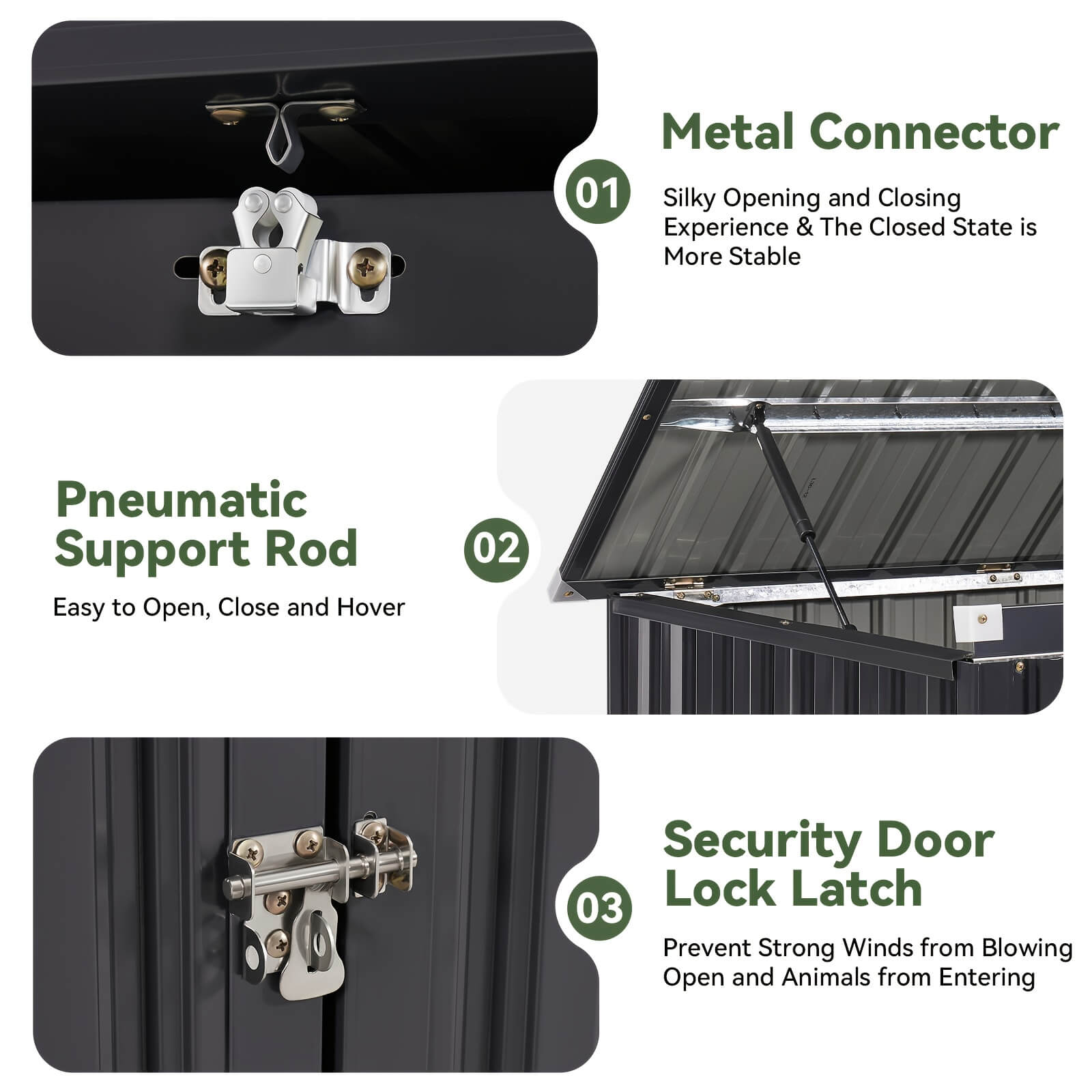 Metal connector, pneumatic support rod, and security door lock latch with text on a white background