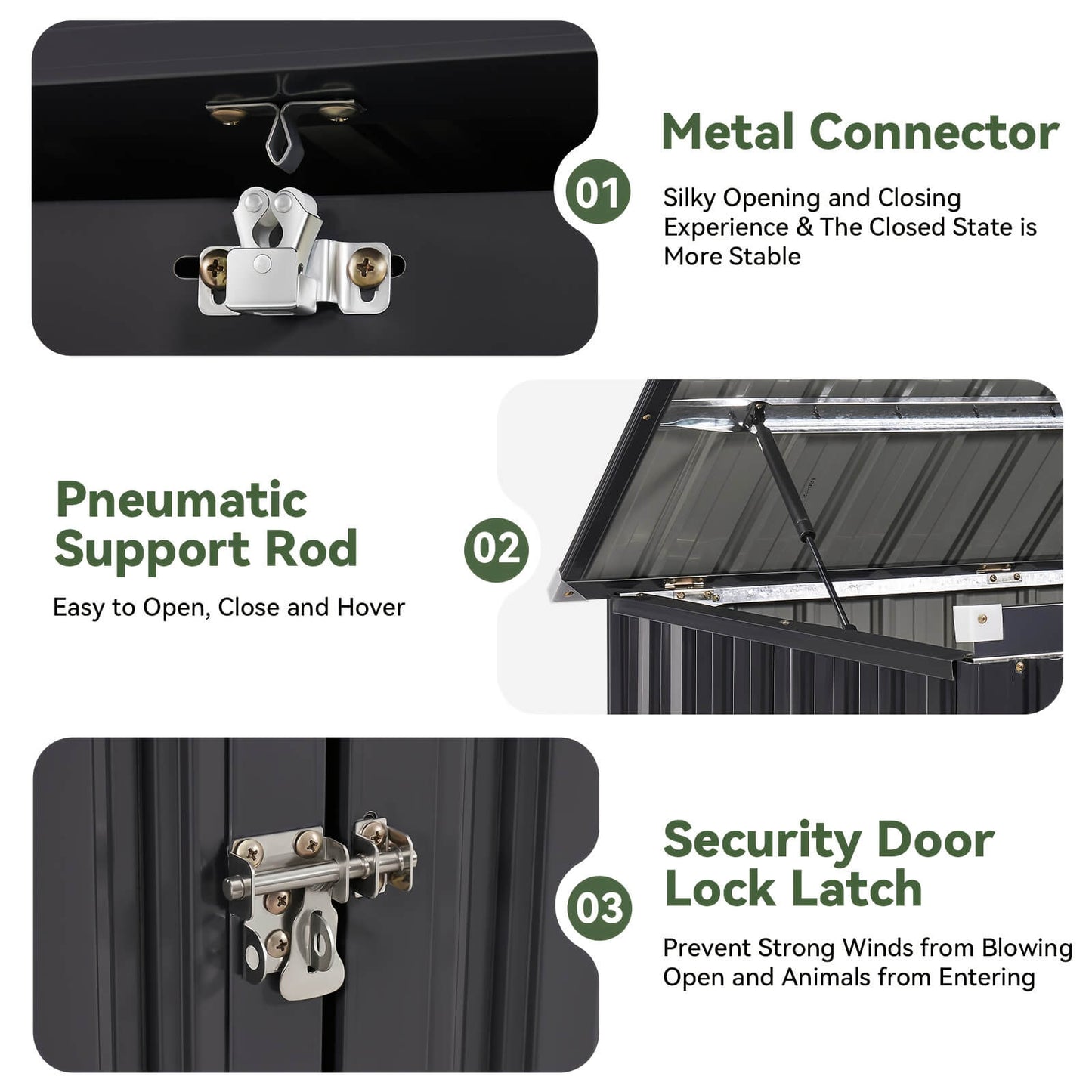 Metal connector, pneumatic support rod, and security door lock latch with text on a white background