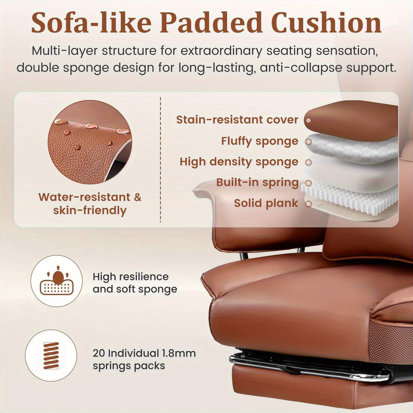 Sofa-like padded cushion with detailed features and a brown recliner chair.