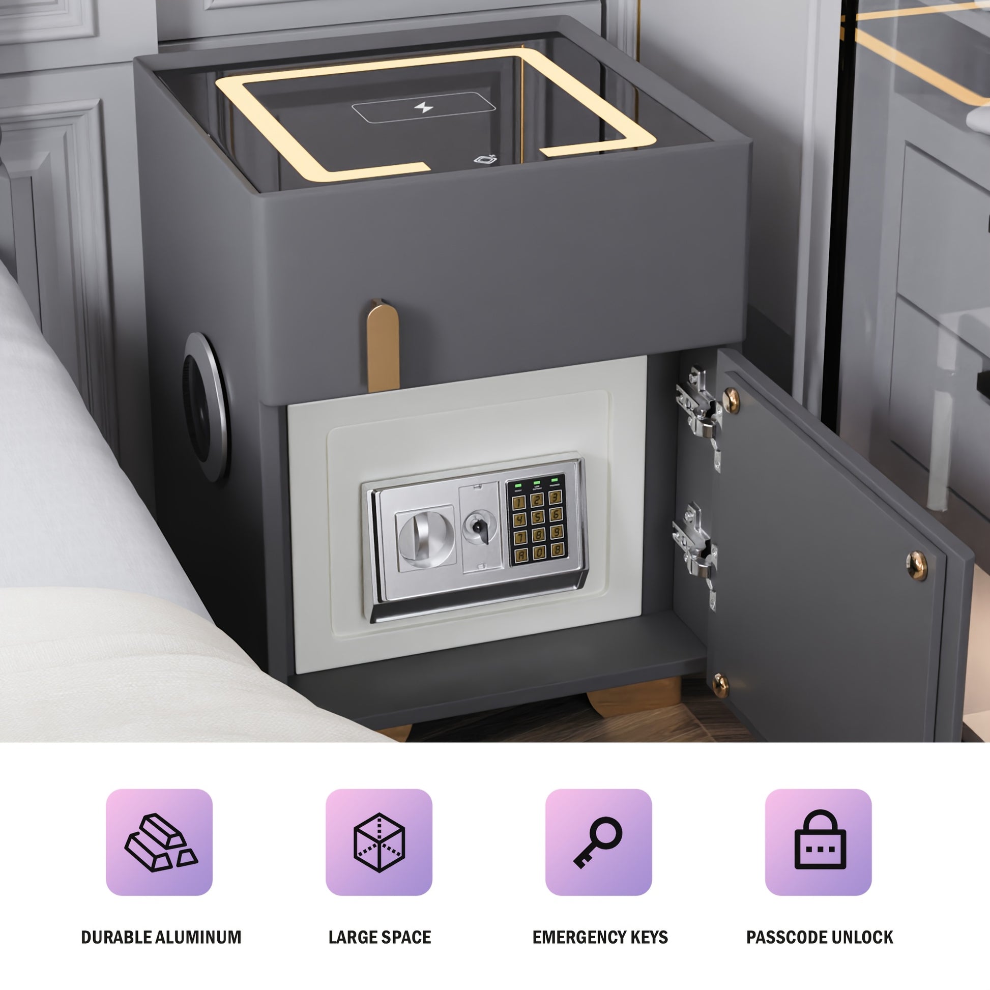 Gray modern nightstand with safe with digital keypad and emergency keys on a bed
