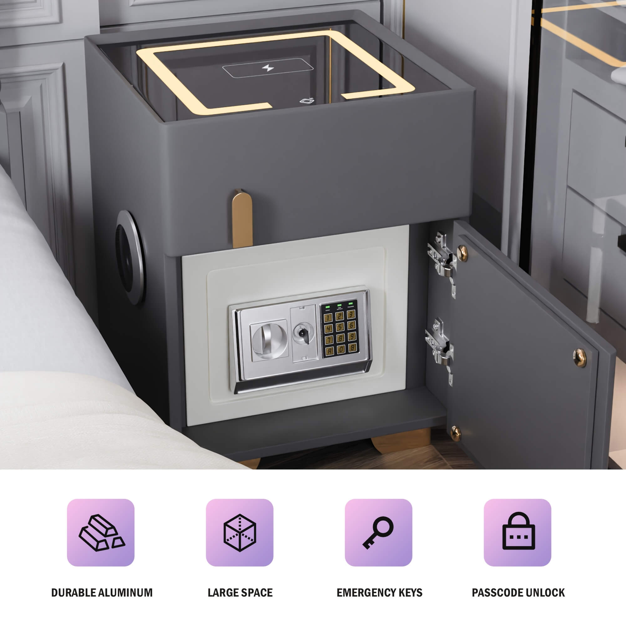 Gray modern nightstand with safe with digital keypad and emergency keys on a bed