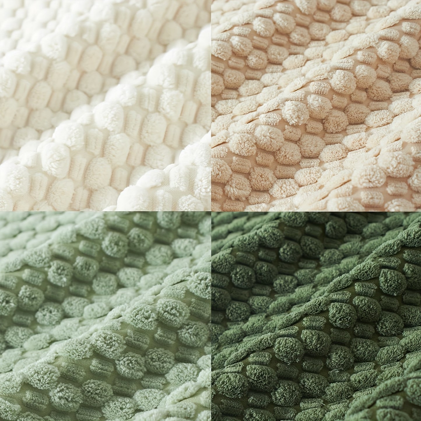 Four textured fabric swatches in beige, pink, green, and dark green.