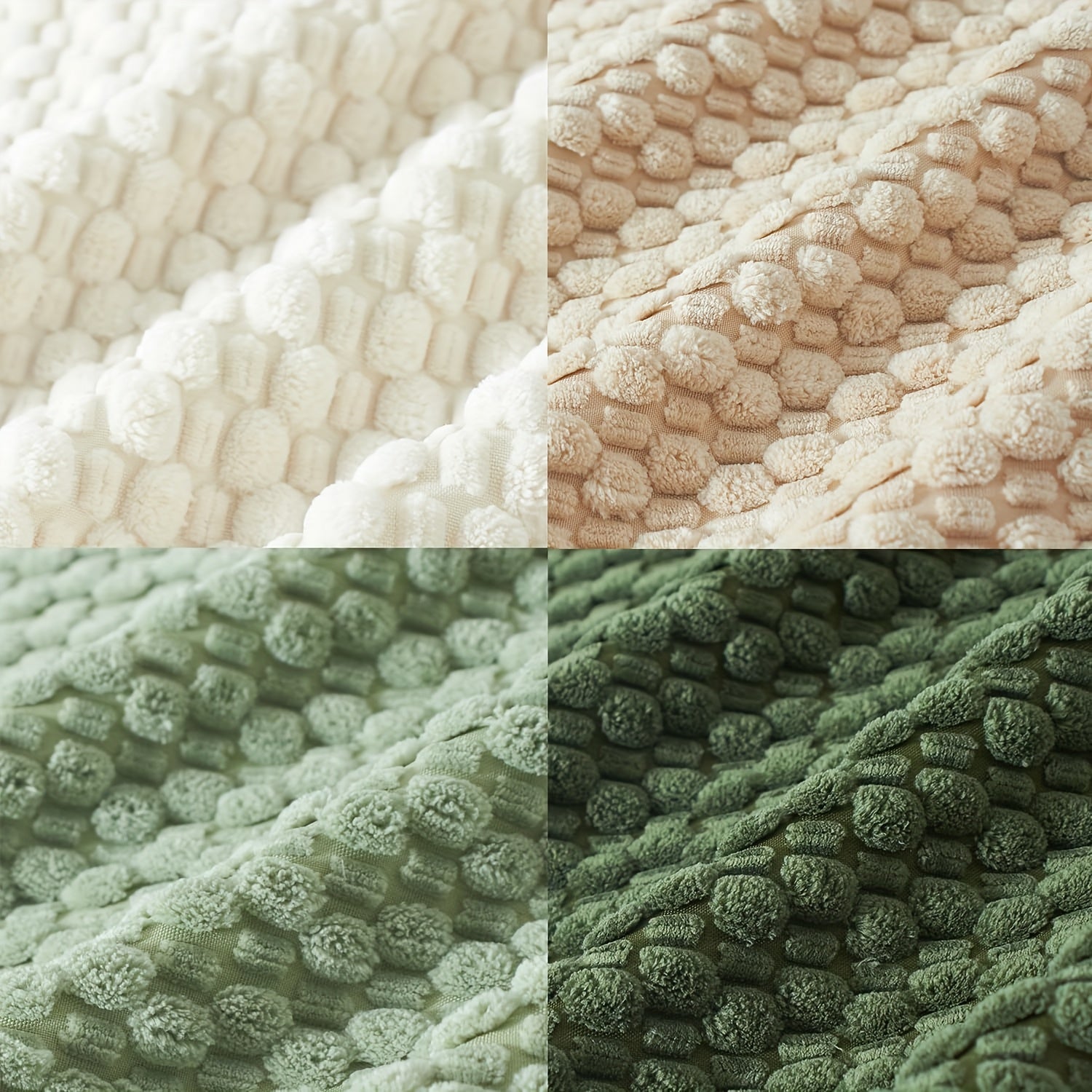 Four textured fabric swatches in beige, pink, green, and dark green.