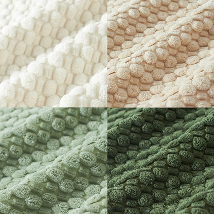 Four textured fabric swatches in beige, pink, green, and dark green.