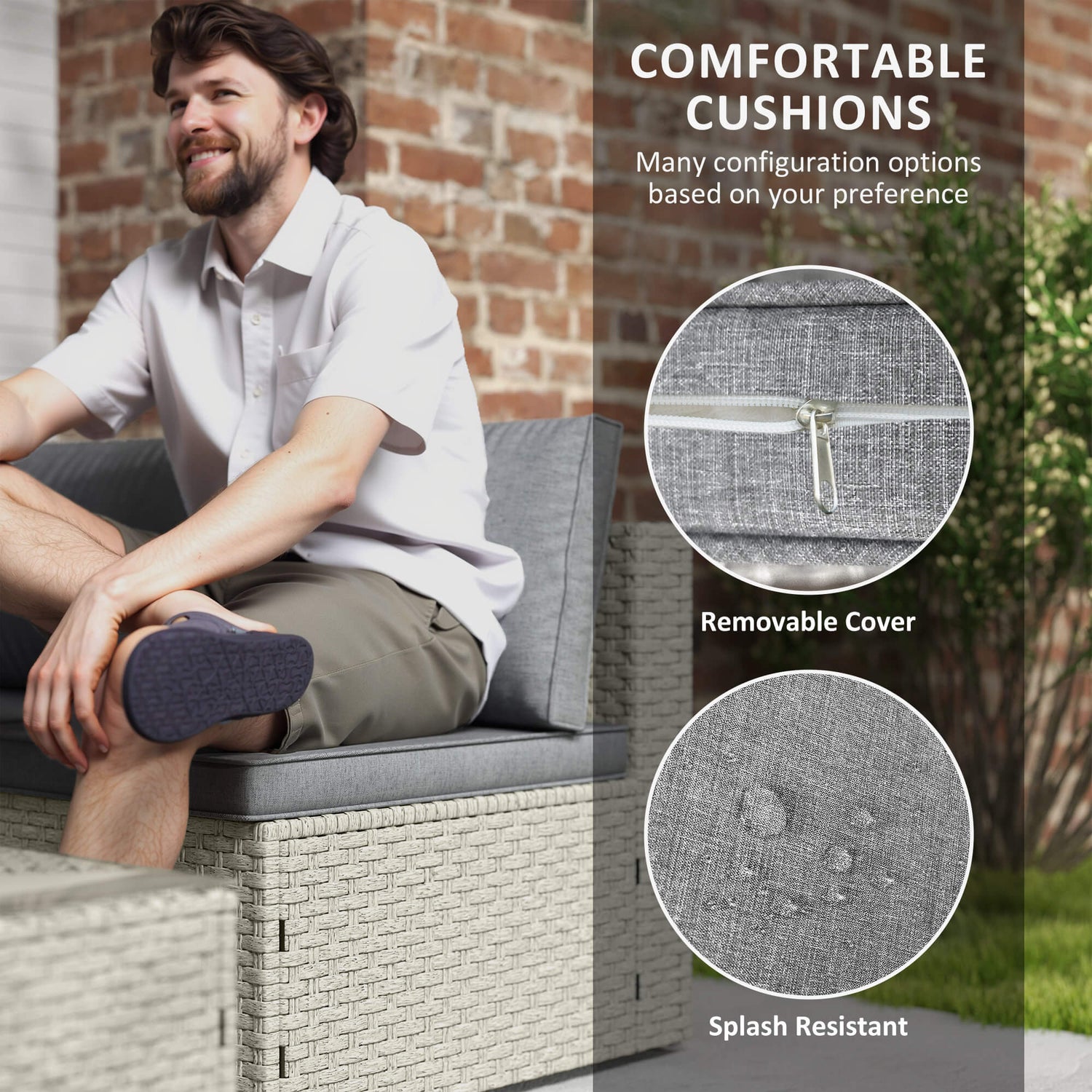 Man sitting on a outdoor furniture set with text about comfortable cushions and product features.