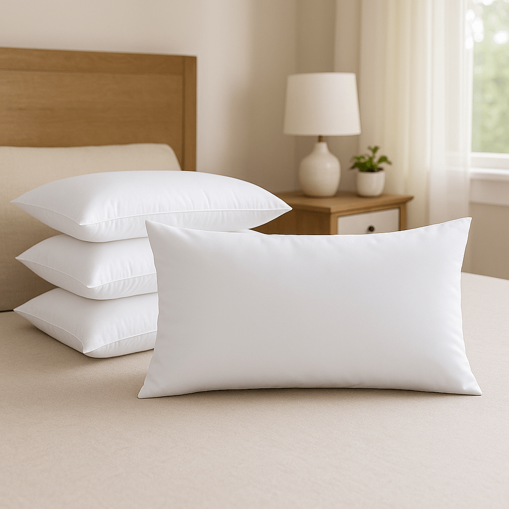 White pillows on a bed in a bedroom setting with a lamp and window in the background.