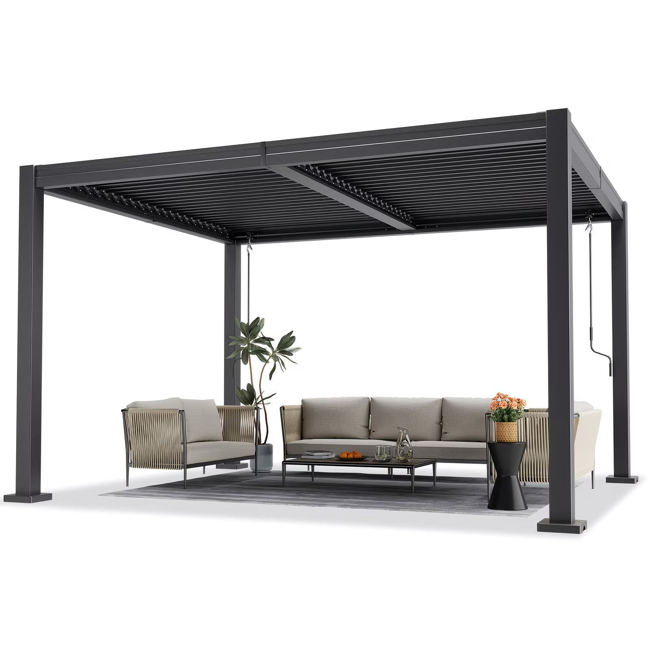 Outdoor pergola with patio furniture on a white background