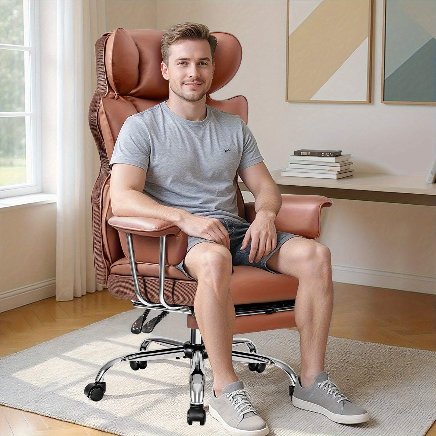 Man sitting on a brown executive office chair in a home office setting