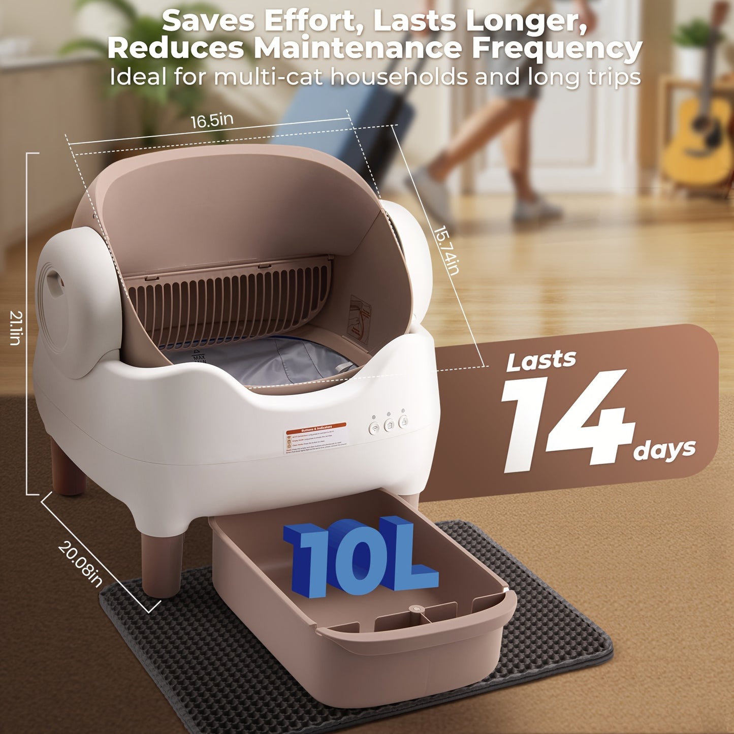 Automatic cat litter box with dimensions and text highlighting its benefits in a home setting