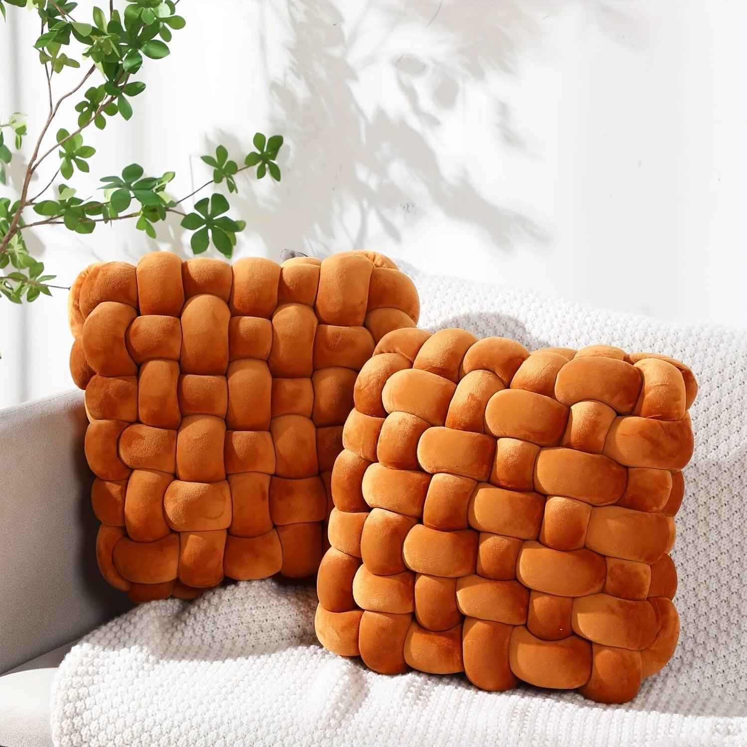 Two woven brown knot pillows on a white surface with a blurred green plant in the background.