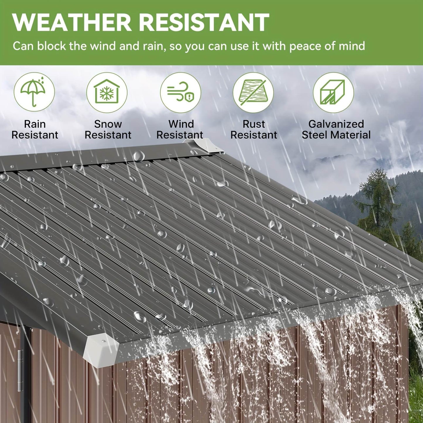 Weather-resistant roof with rain, snow, wind, rust, and galvanized steel material icons.