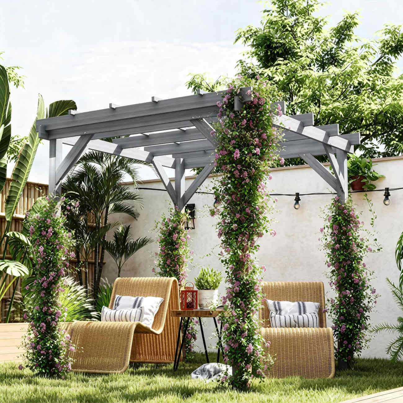 Pergola with floral decorations in a garden setting with chairs and a table.