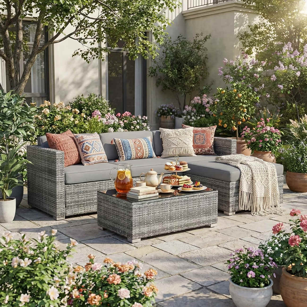 Outdoor patio with a sectional sofa, coffee table, and decorative items surrounded by flowers and plants.