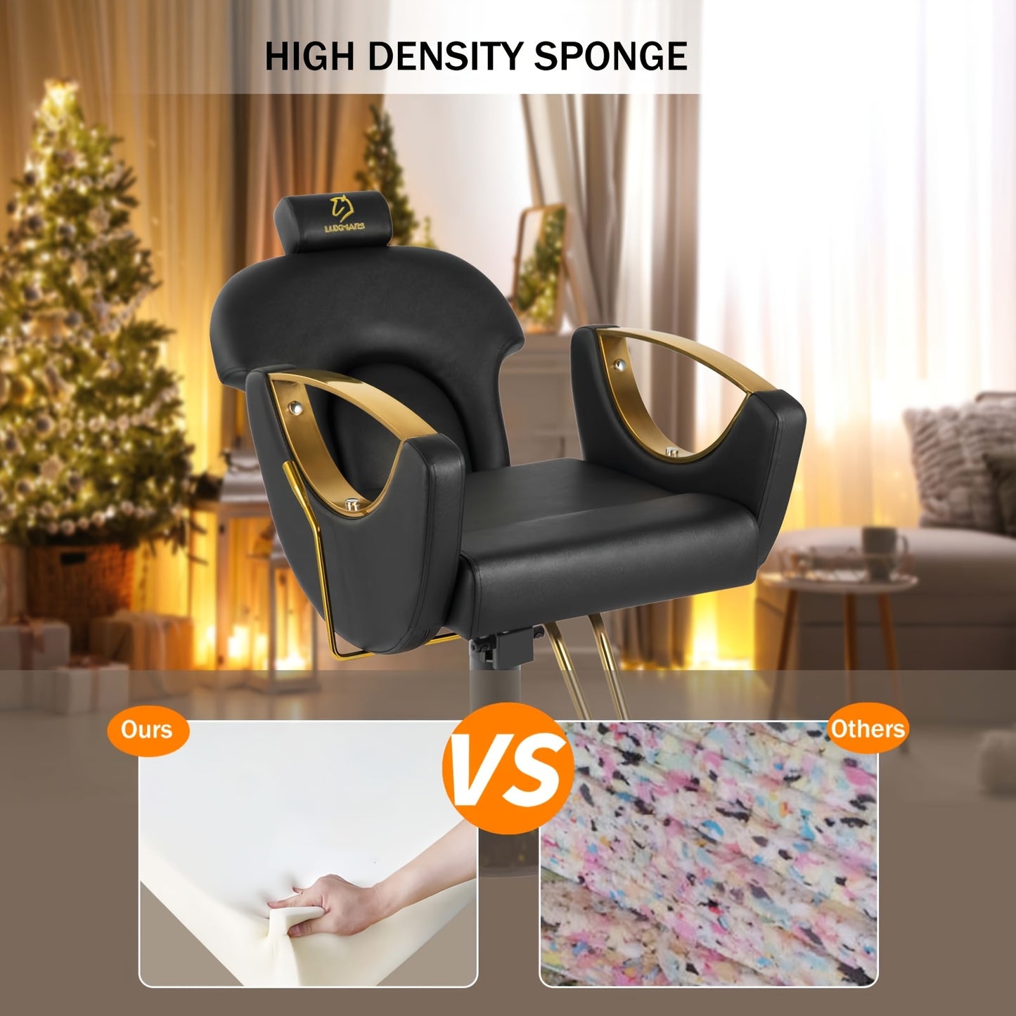 Black and gold reclining barber chair with high density sponge feature, Christmas tree in the background.