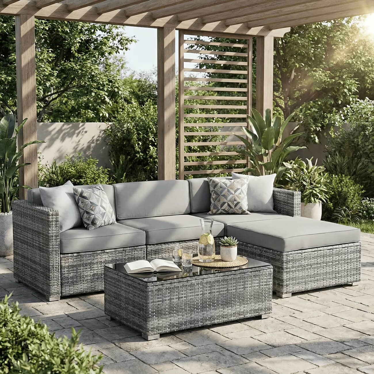 Outdoor patio set with gray cushions and a coffee table on a stone patio.