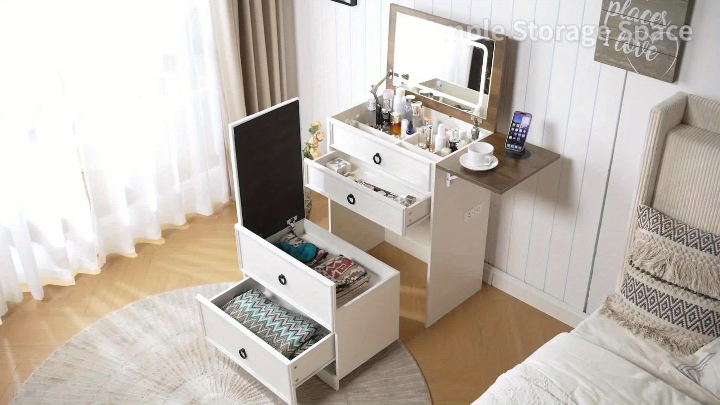 Vanity set with lighted mirror with dresser, mirror, and TV console.
