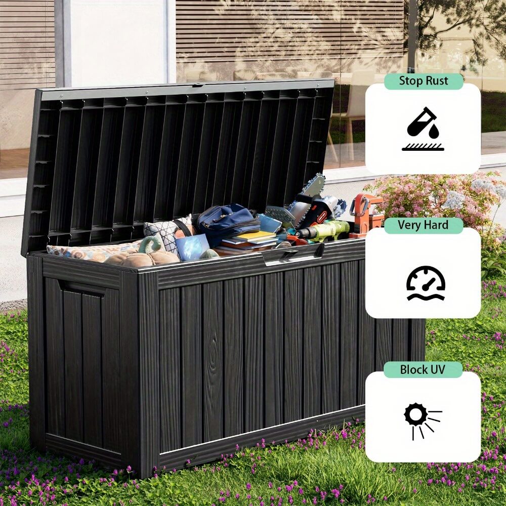 Black outdoor storage box with items on a grassy area, featuring rust prevention, hardness, and UV blockage icons.
