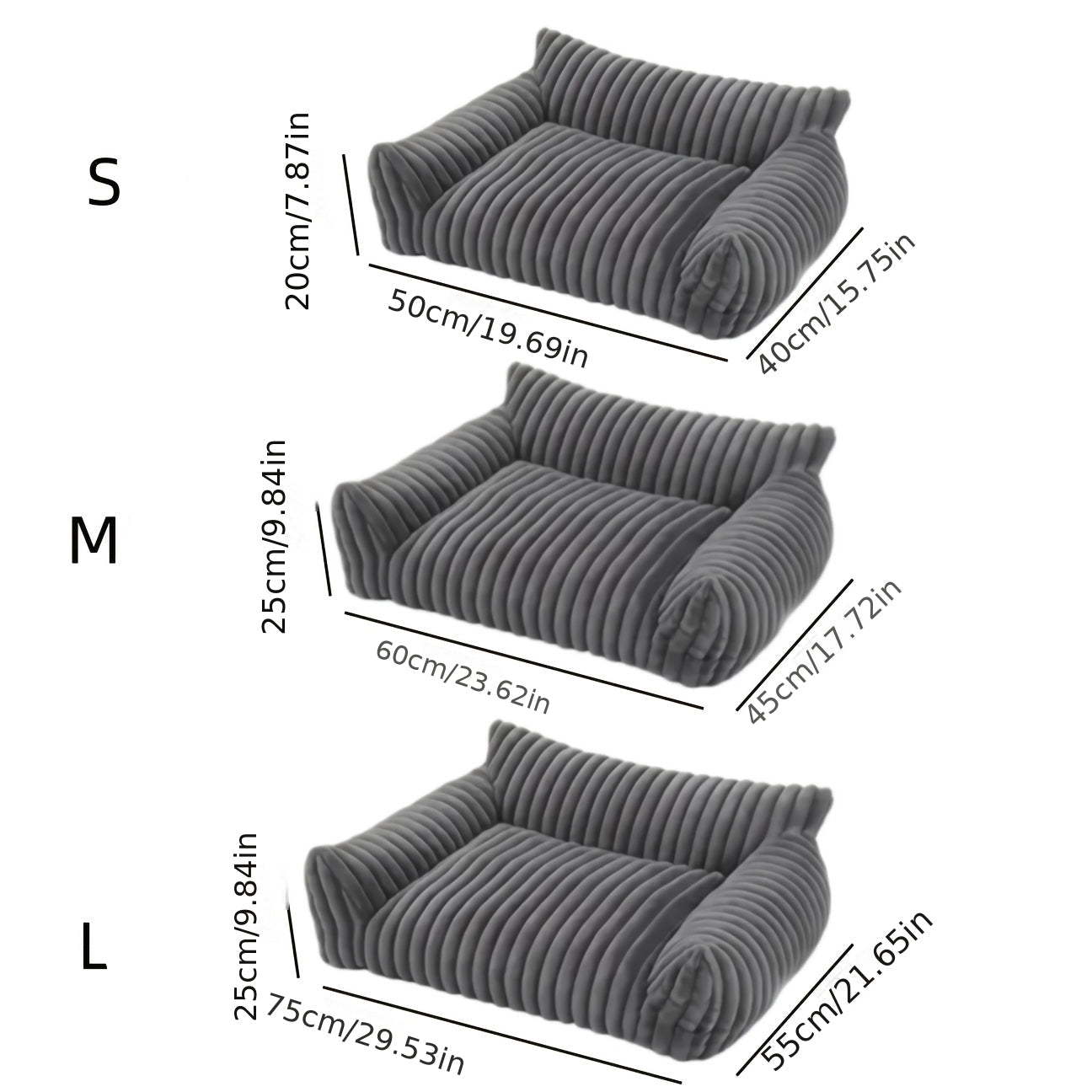 Measurement chart of gray cat sofa in different sizes on a white background