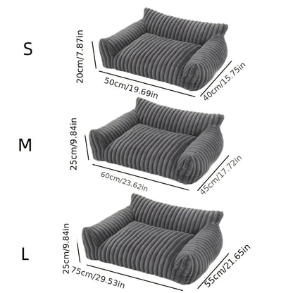 Measurement chart of gray cat sofa in different sizes on a white background