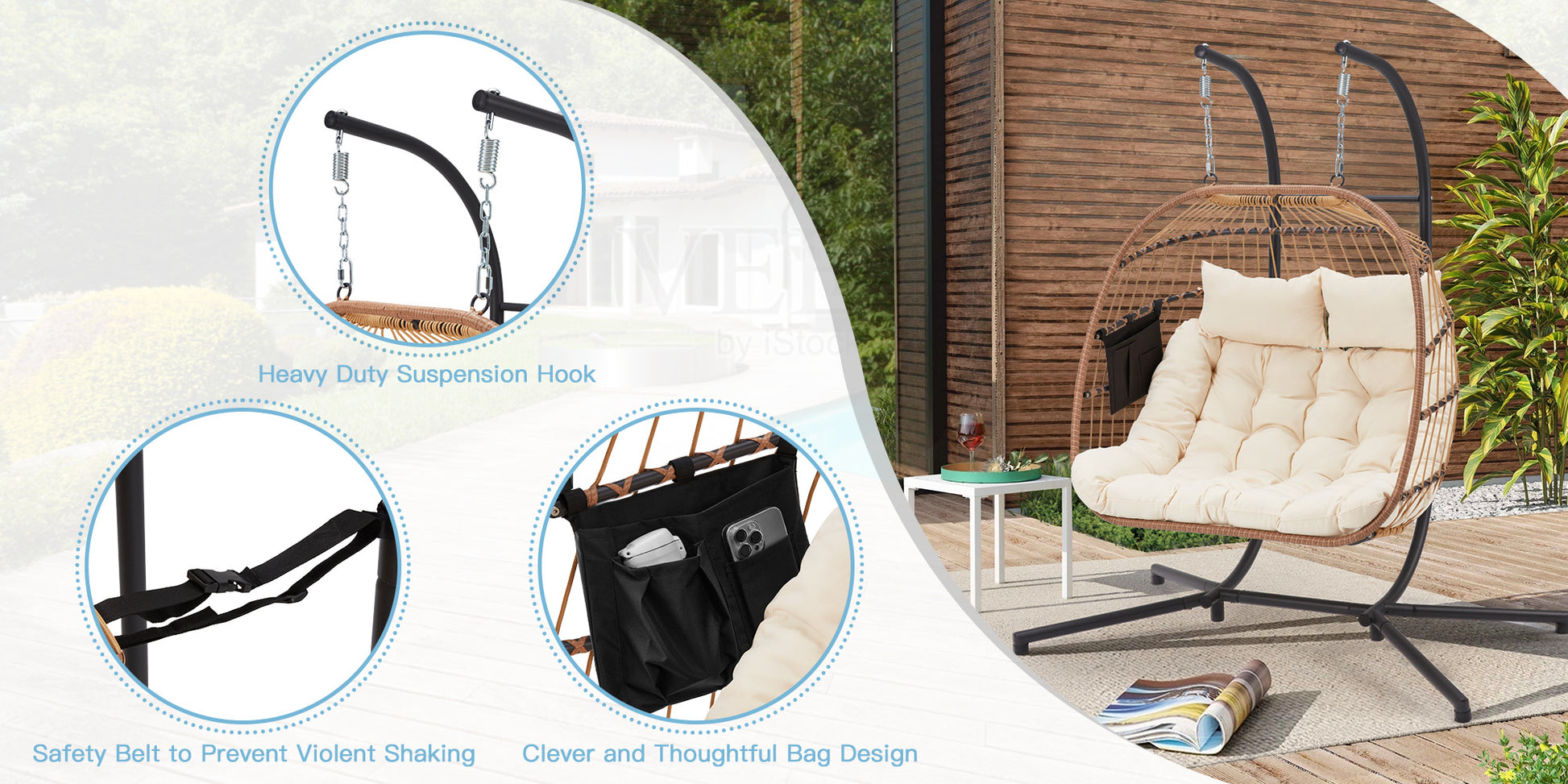 Outdoor swing chair with safety belt and suspension hook features, set against a natural background.