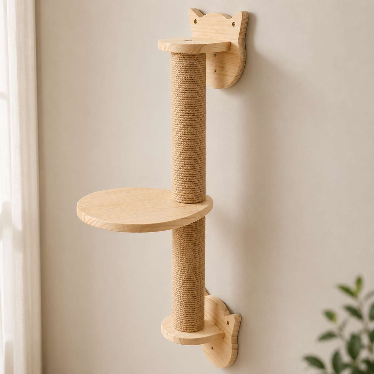 A wall-mounted cat tree with two light natural wood platforms, a central sisal-wrapped scratching post, and cat-shaped wall mounts on a beige wall.