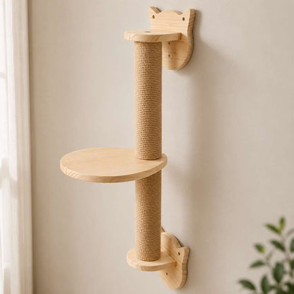A wall-mounted cat tree with two light natural wood platforms, a central sisal-wrapped scratching post, and cat-shaped wall mounts on a beige wall.