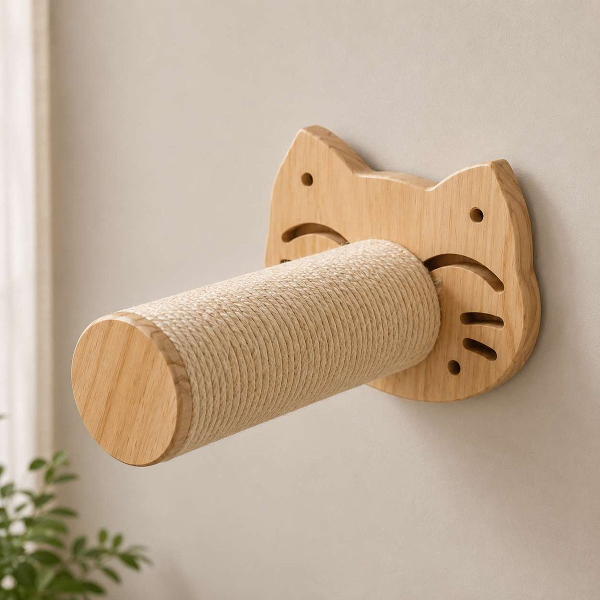 A wooden cat-shaped wall-mounted scratching post with natural fiber rope wrapped around the cylindrical shaft, shown mounted on a light beige wall.