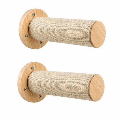 Two wall-mounted cat scratching posts with natural wood circular bases and cylindrical rope-wrapped bodies, shown on a plain white background.