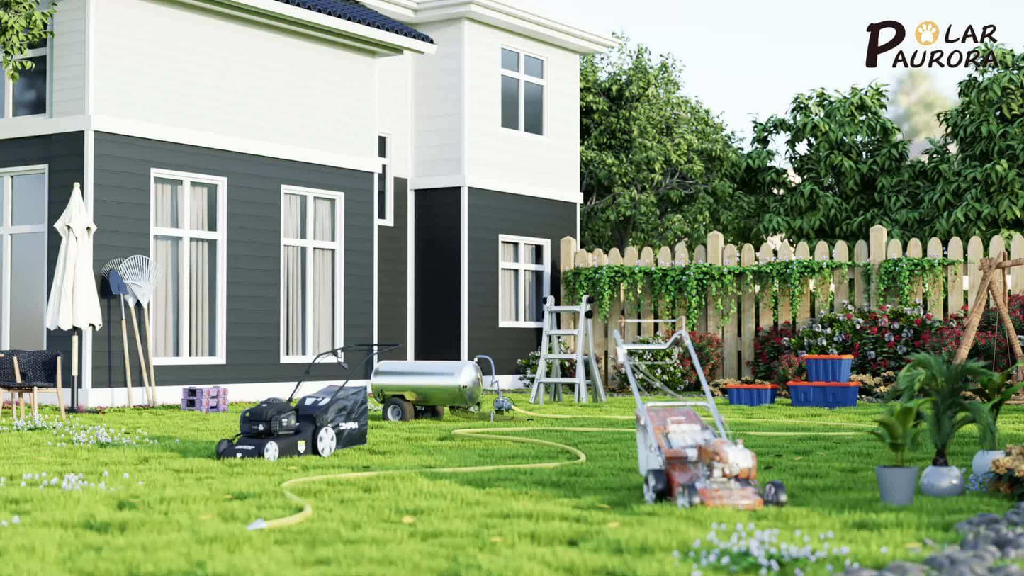 House exterior with garden tools and equipment on a sunny day