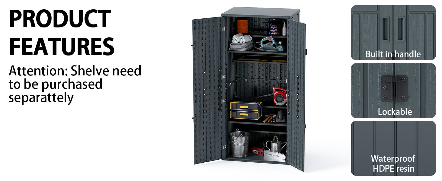 Gray storage cabinet with open doors showing shelves and accessories, labeled with features.