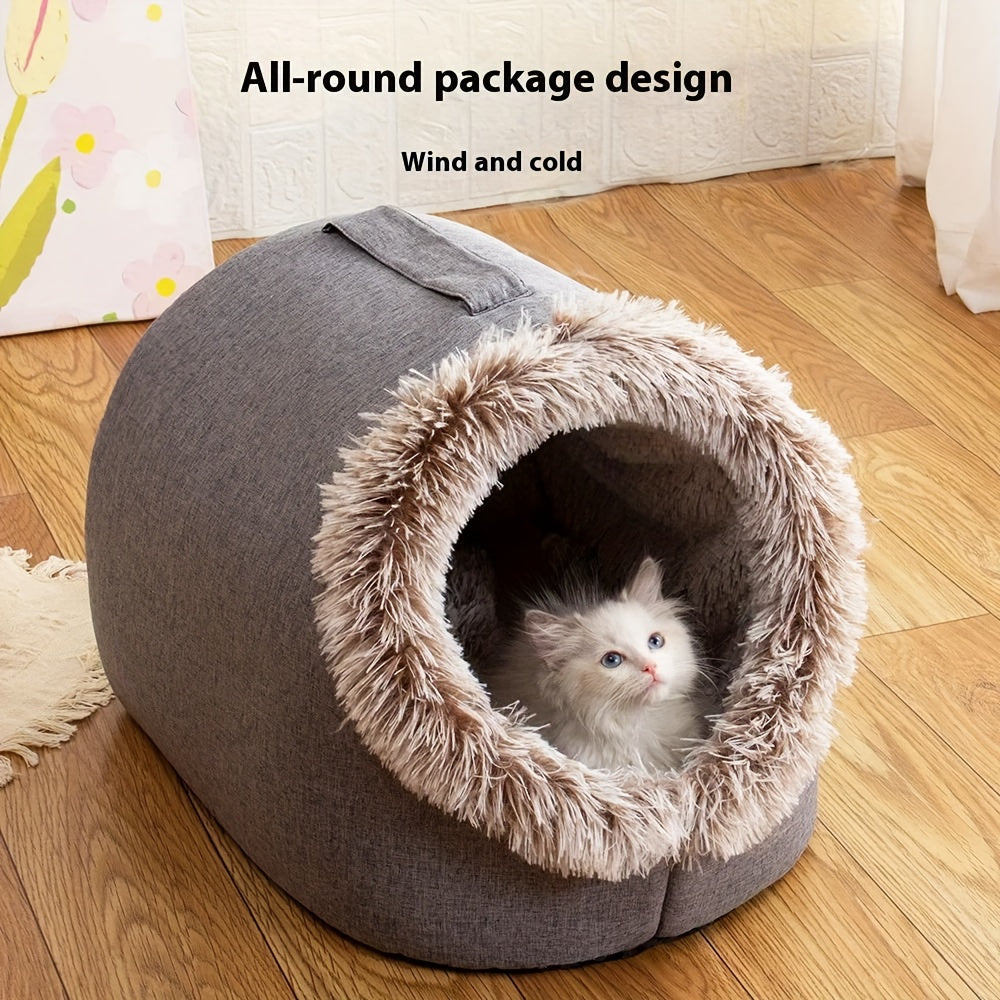 Cat lying inside a gray and beige cat cave bed on a wooden floor.