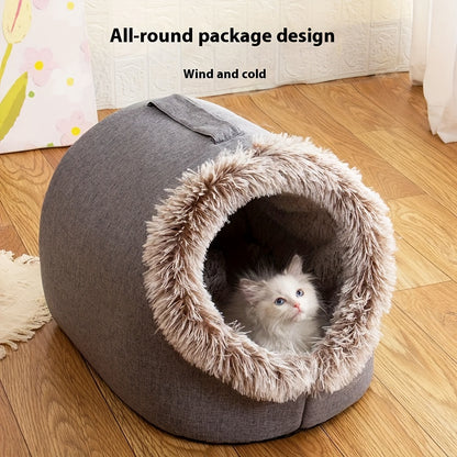 Cat lying inside a gray and beige cat cave bed on a wooden floor.