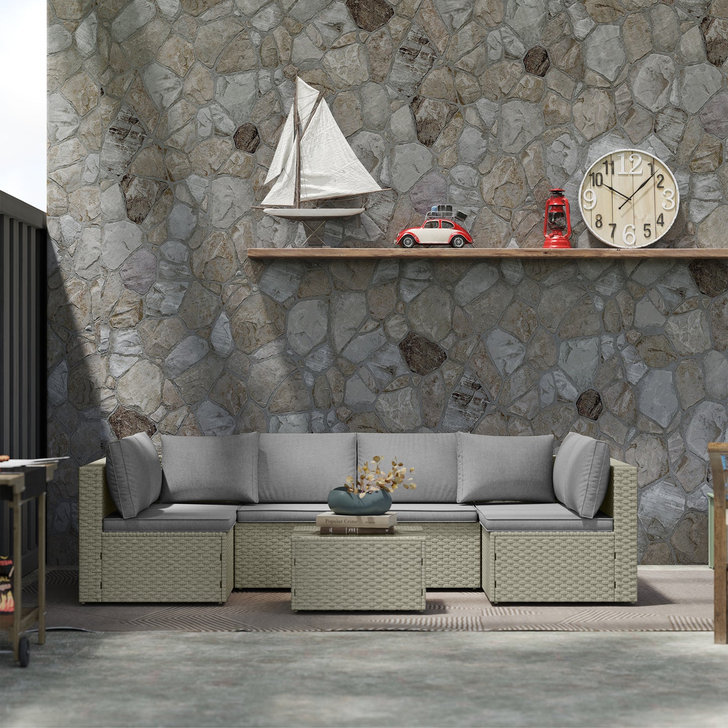 Outdoor patio set with a stone wall background