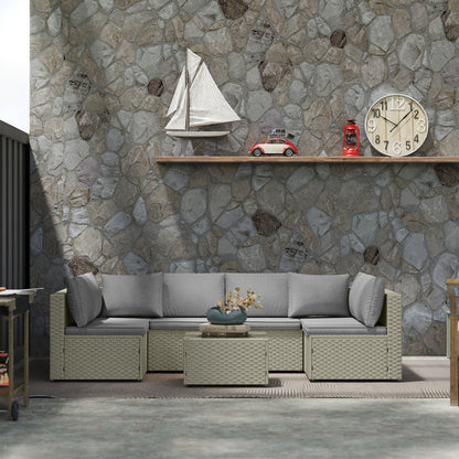 Outdoor patio set with a stone wall background