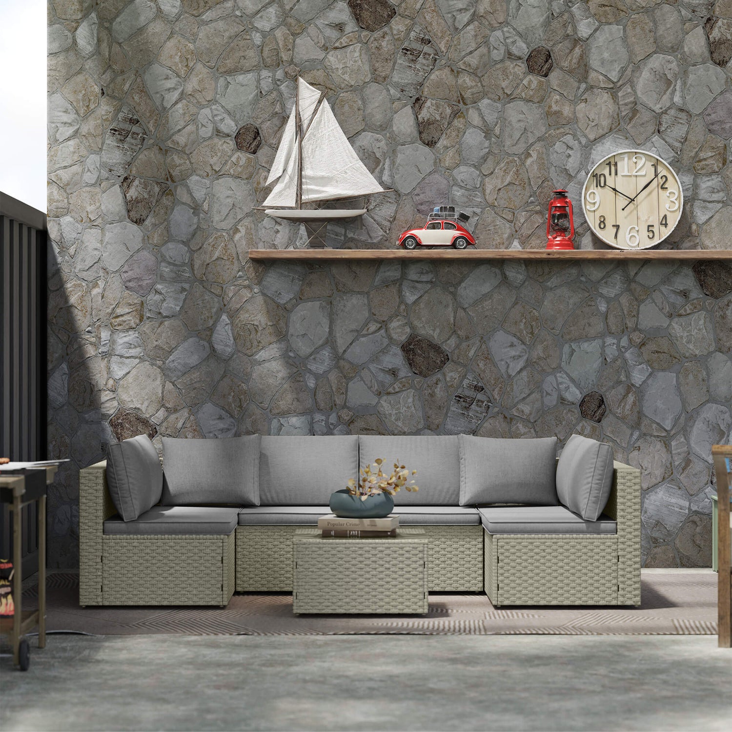 Outdoor patio set with a stone wall background