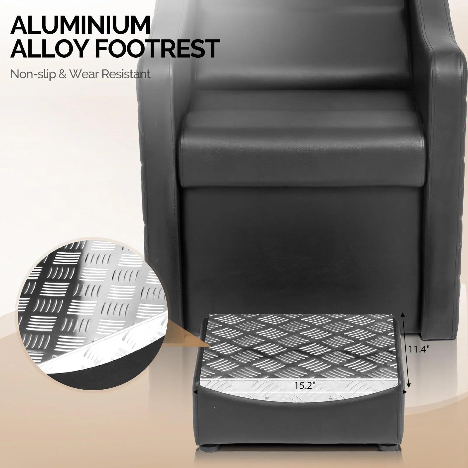 Aluminium alloy footrest attached to a black Stylish Salon Backwash Unit with non-slip pattern, on a beige background.
