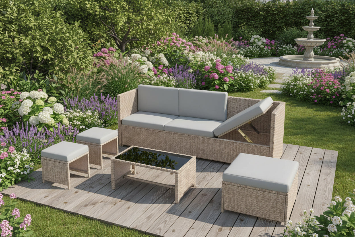 Outdoor furniture set with a sofa, ottomans, and coffee table on a white background