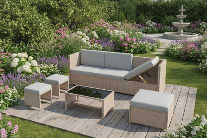 Outdoor furniture set with a sofa, ottomans, and coffee table on a white background