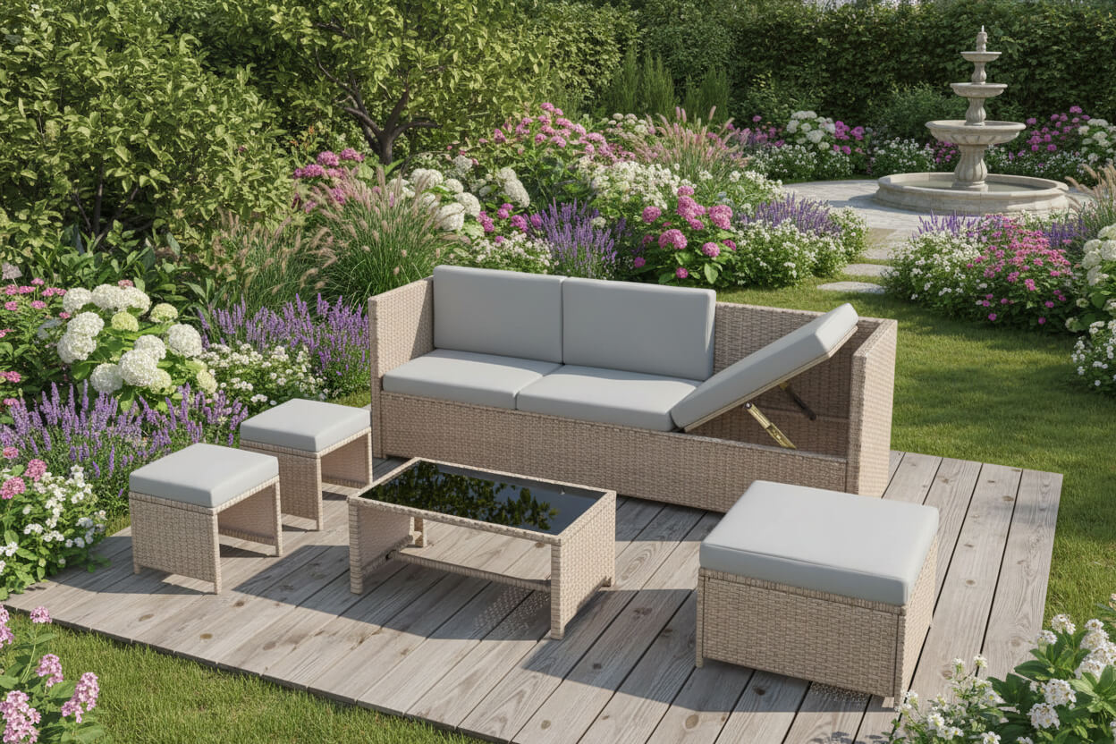 Outdoor patio set with sofa, chairs, and table on a wooden deck surrounded by flowers and a fountain.