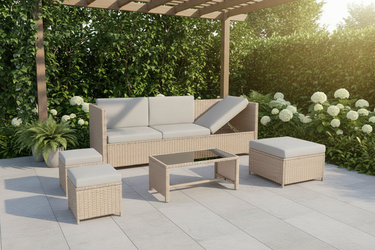 Outdoor furniture set with a sofa, ottomans, and coffee table on a white background
