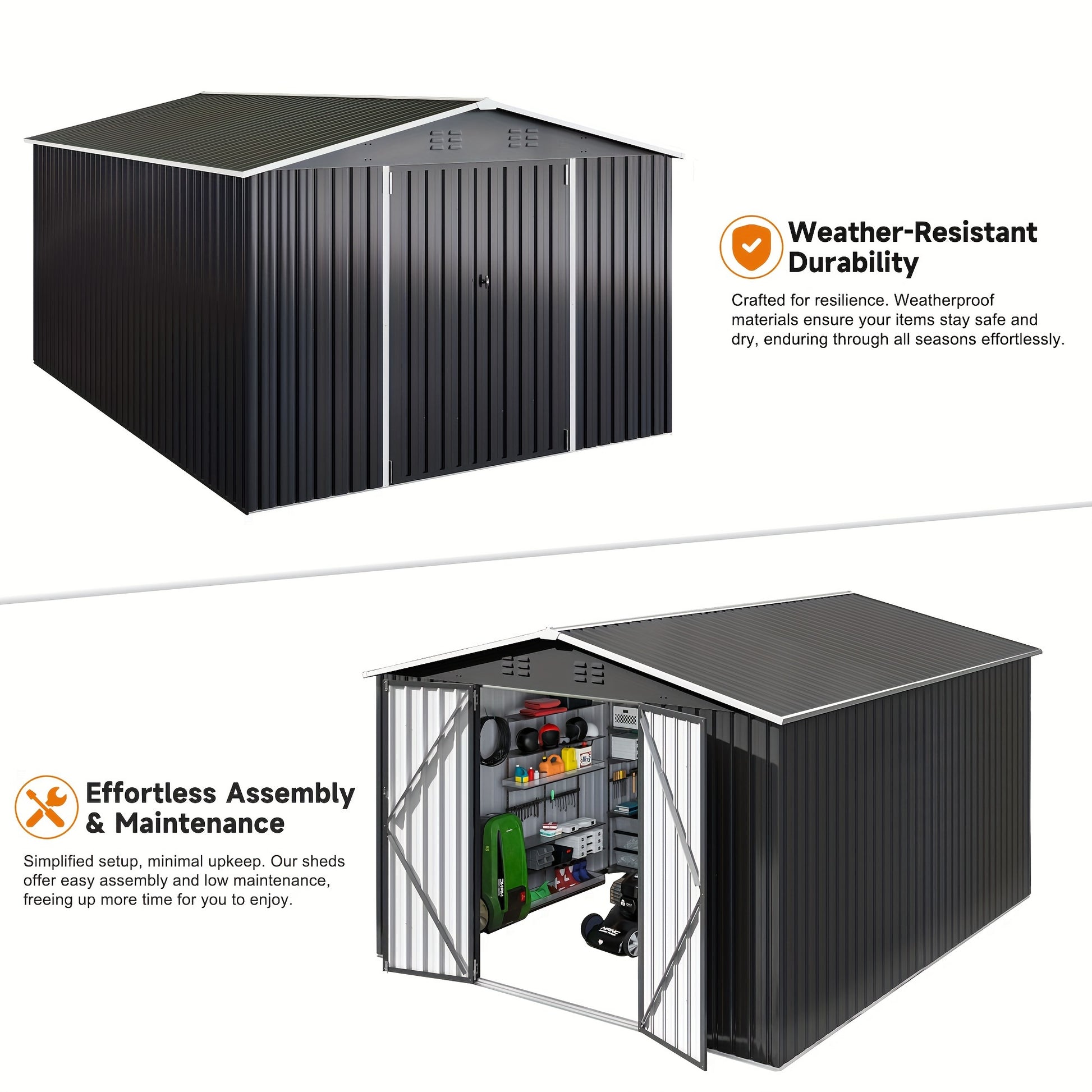 Modern outdoor shed​ with weather-resistant durability and effortless assembly & maintenance features.