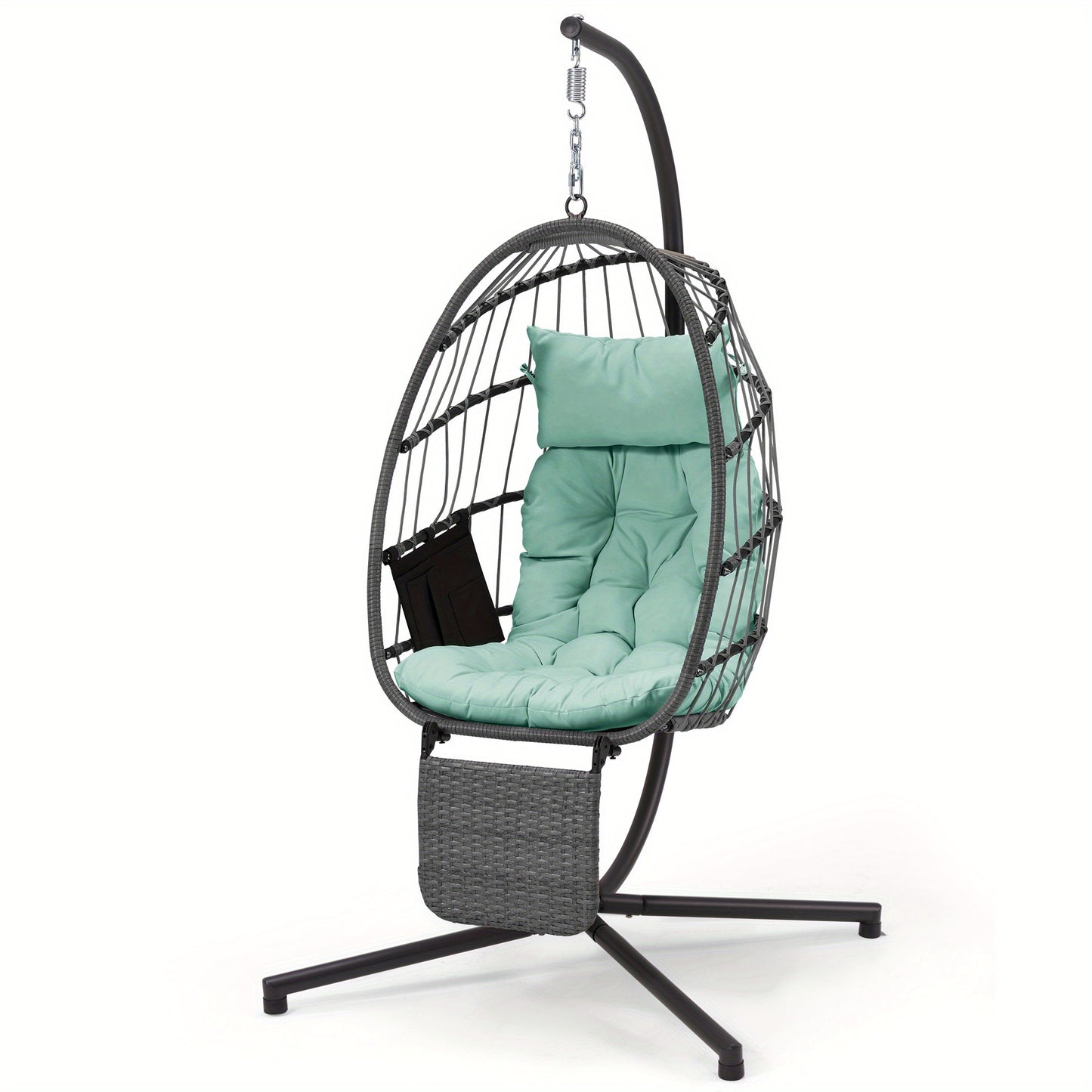 Hanging egg chair with green cushion and stand on a white background