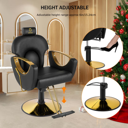Black and gold height-adjustable reclining barber chair with Christmas tree in the background