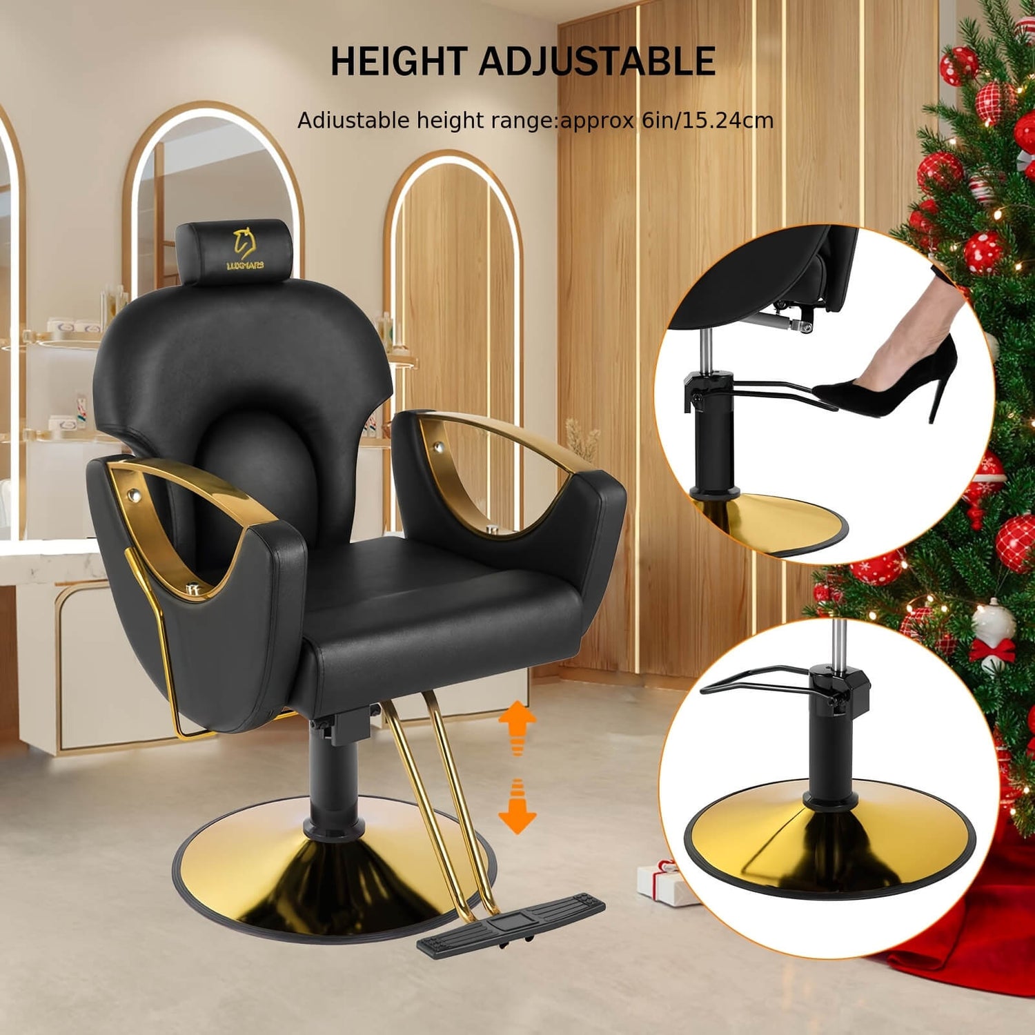 Black and gold height-adjustable reclining barber chair with Christmas tree in the background