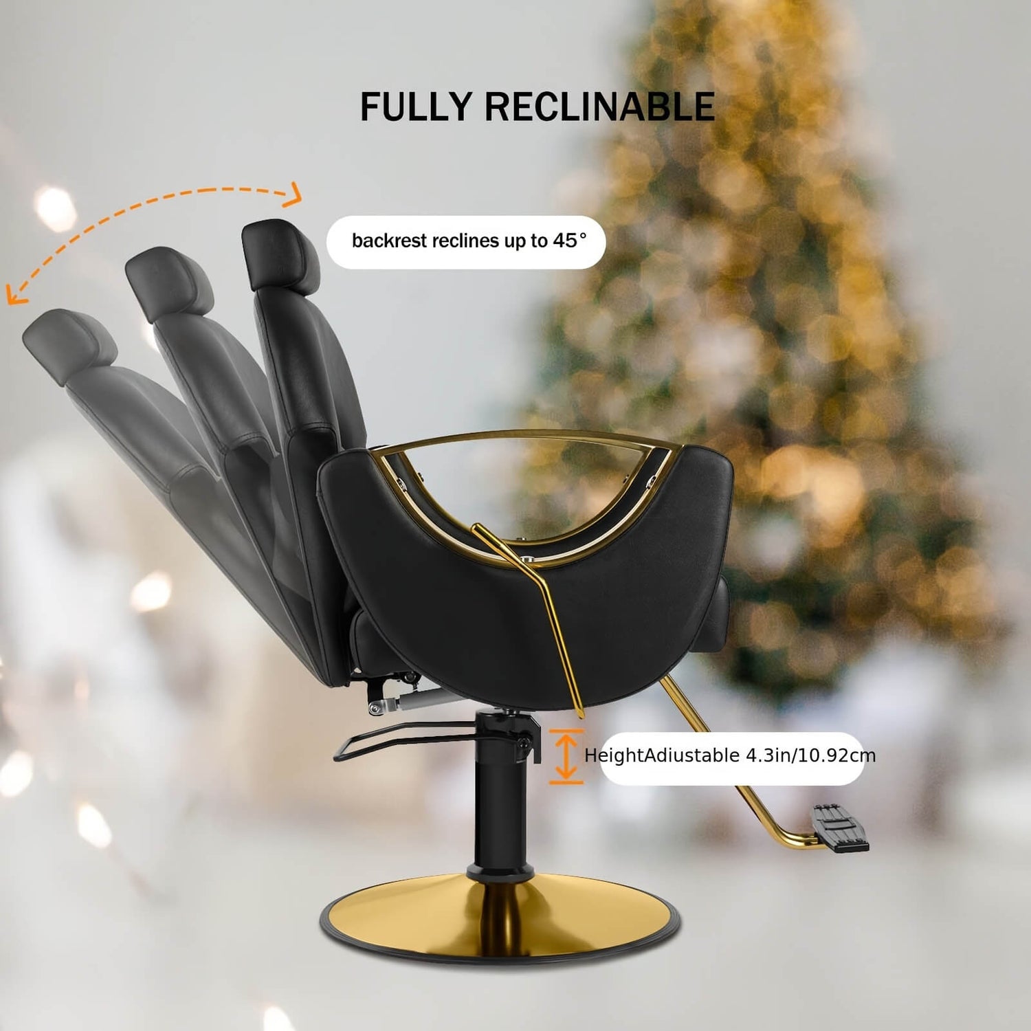Black and gold reclining chair with Christmas tree in the background